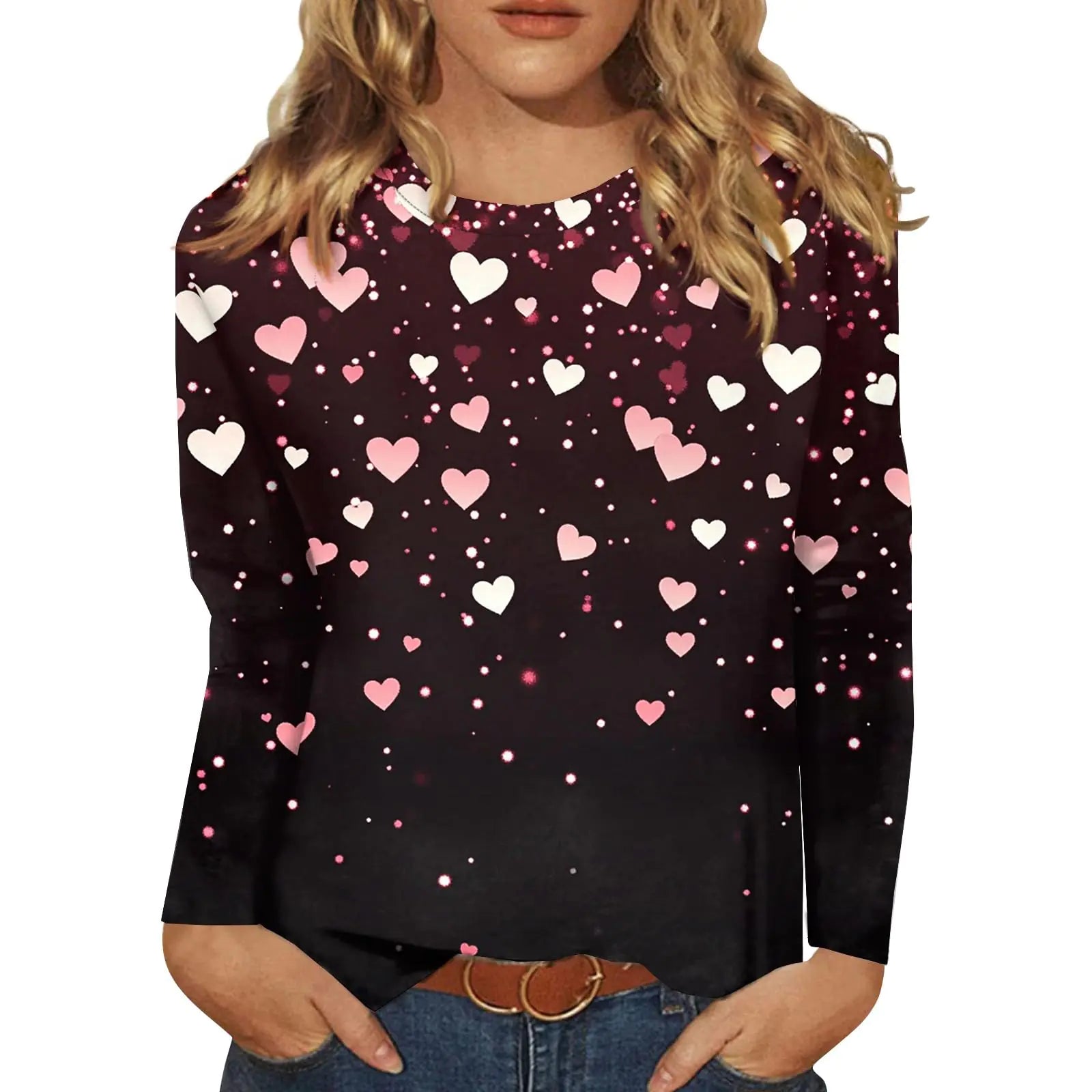 Valentines Shirts for WomenLong Sleeve Shirts for Women Casual Round Neck Valentines Day Blouses Love Print Graphic Plus Size Pink Tops Dressy Oversized Festival Galentines Costume 2025(BlackSmall