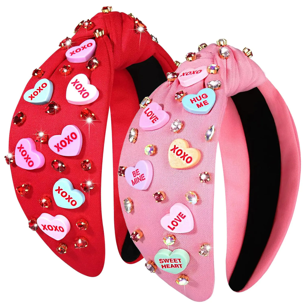 mokkia 2PCS Valentines Day Headband for Women XOXO Love Massage Heart Headband Red Pink Rhinestone Crystal Knotted Headband Valentines Day Hair Accessoroes Gifts (2PCS Valentines Headband 1)