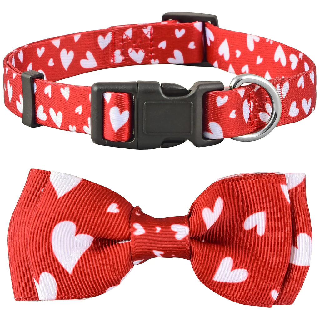 Valentine Dog Collar with Bowtie Heart Bow Tie Valentines for Large Medium and Small Dogs (Large Valentines White Hearts)