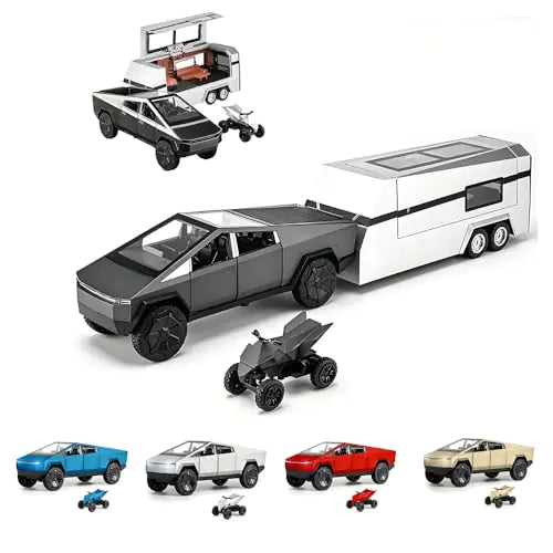 Toy Truck with RV Motorcycle for Boys Girl Women Adult Diecast Metal Tesla Cybertruck Model Pickup Truck 1/32 Toy Race Car with Sound and Light Gift Age for 678 Year Up (Black)