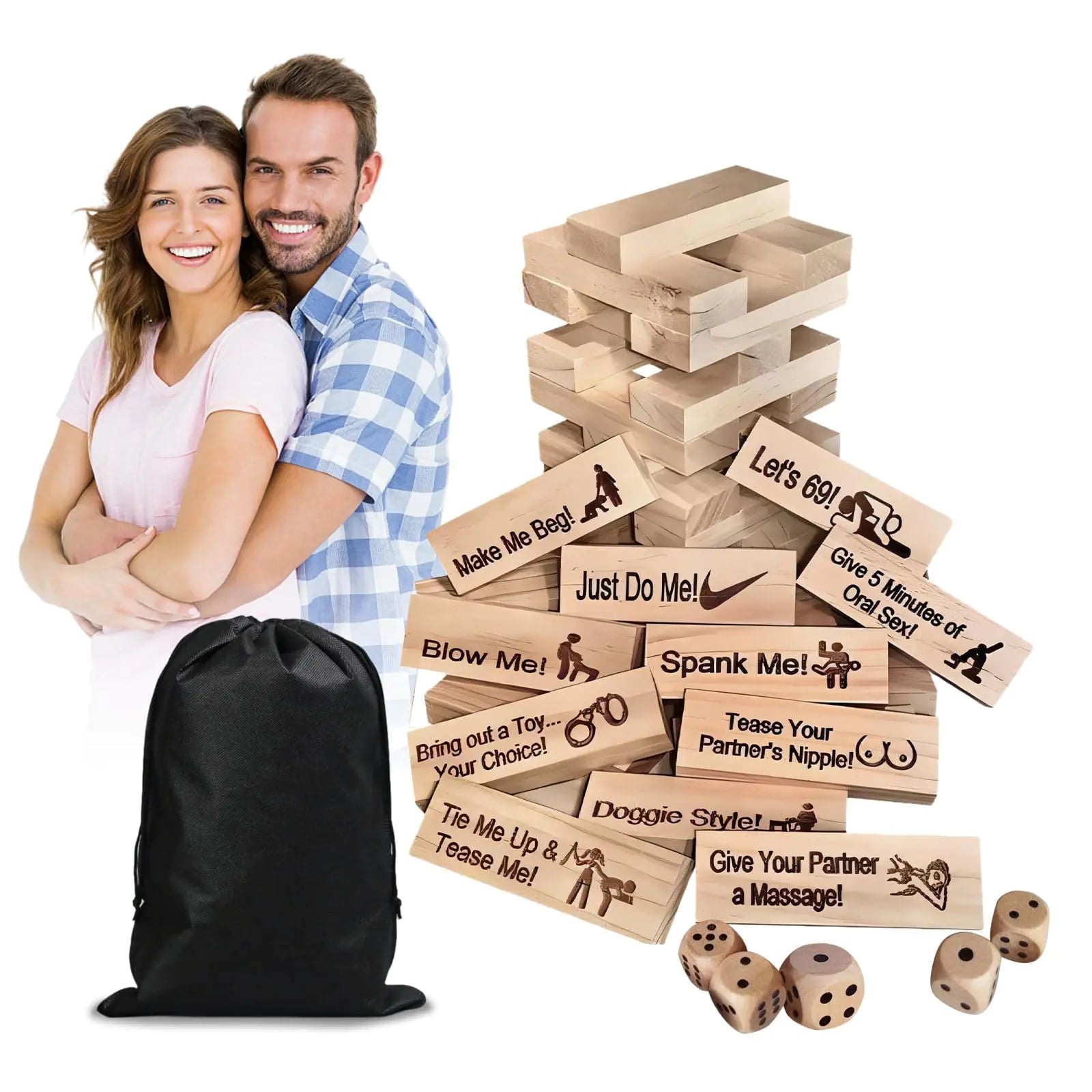 tayuzo Lust Tower Games Super Naughty Block Tower Game for Couples Adults Tumbling Wooden Tower Stacking Block Games for Date Night Ideas for Valentine Lover Drunking Games(48pcs + 5 dice)