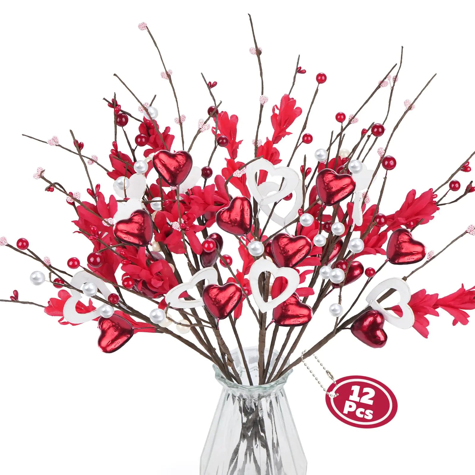 MHMJON 12 Pcs Valentines Picks Valentines Day Decorations Artificial Red Berry Stems 20 Inch Valentines Floral Picks Pink Heart Shaped Berry Picks for Valentines Day Vase Wedding Party Anniversary