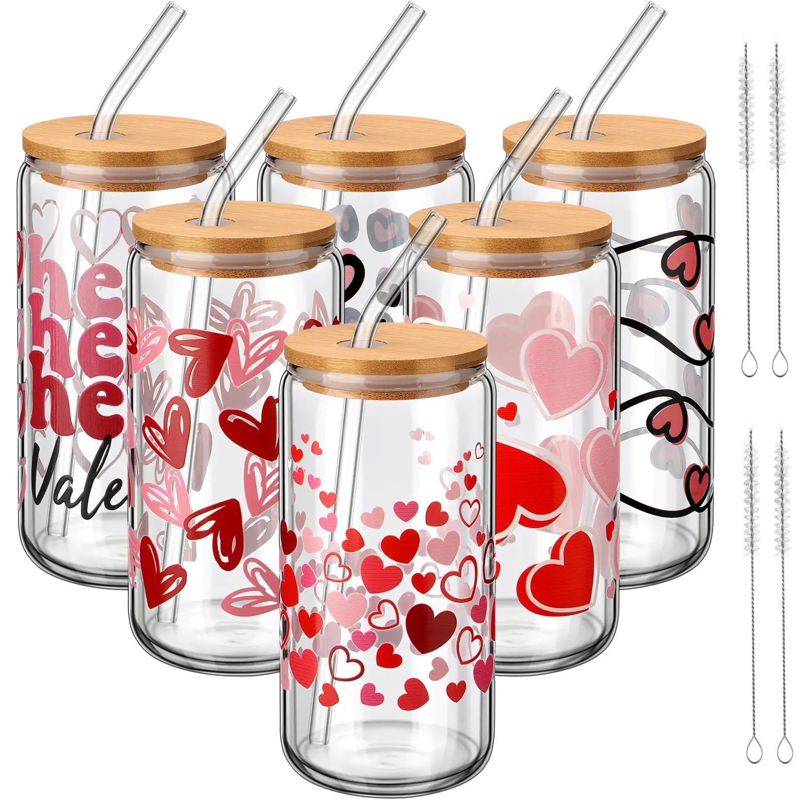 SiliFine 6 Pcs Valentines Day Drinking Glasses 16 oz Hearts Glass Cup with Bamboo Lid and Glass Straw Can Shaped Beer Glass Reusable Love Smoothie Cup for Women Teenager Valentine Party Birthday Gift