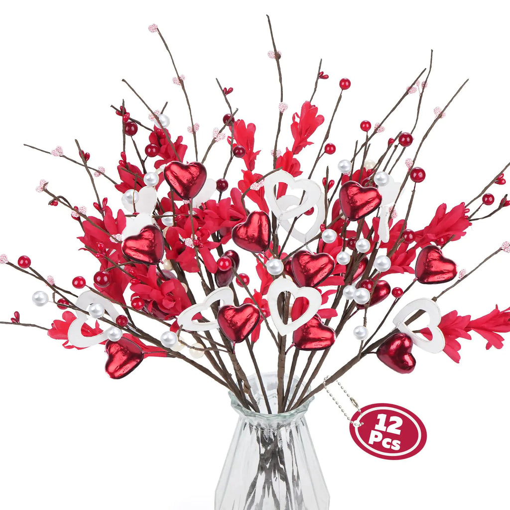 MHMJON 12 Pcs Valentines Picks Valentines Day Decorations Artificial Red Berry Stems 20 Inch Valentines Floral Picks Pink Heart Shaped Berry Picks for Valentines Day Vase Wedding Party Anniversary