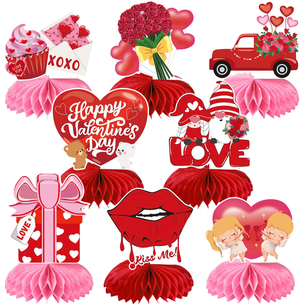 JULMELON Valentines Table Decorations Honeycomb Centerpiece 8pcs Valentines Day Centerpieces for Tables 3D Valentines Day Table Decor Heart Table Toppers for Valentines Party Decorations