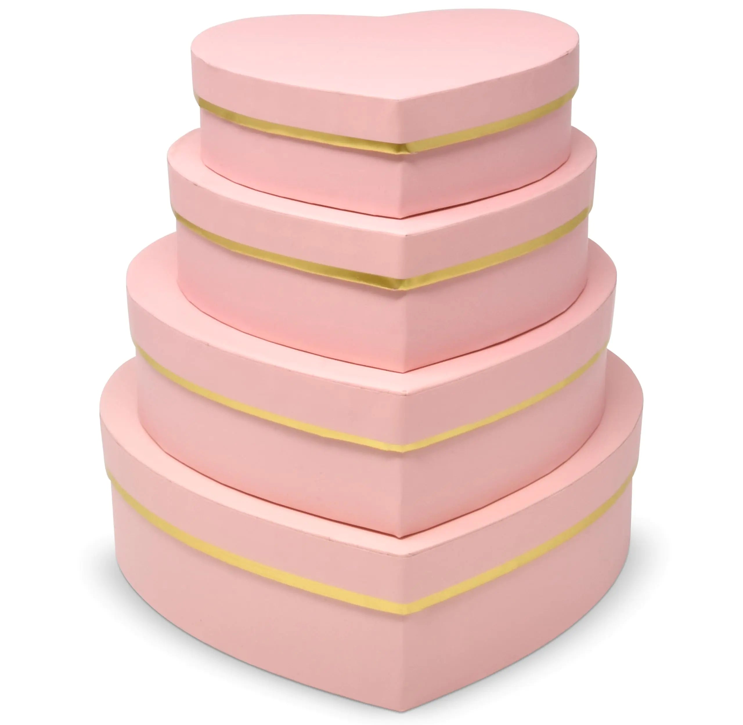 Gift Boutique Valentines Day Heart Shaped Gift Boxes 4 Pack Pink with Gold Trim Valentine Hearts Treat Box with Lids Nesting Cardboard Cookie Box for Gift Giving Holiday Decorative Present Packaging