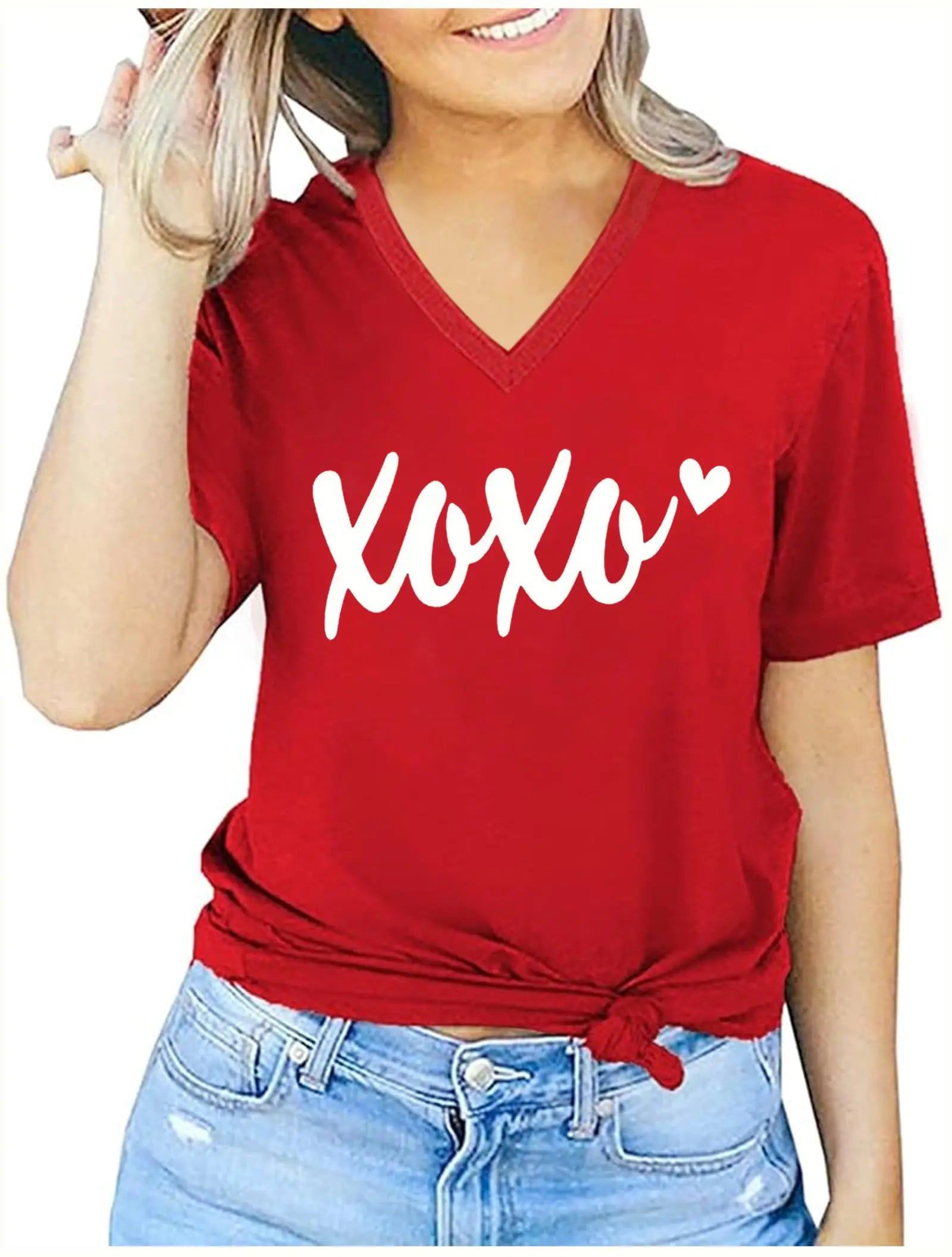 Valentines Day V Neck T Shirts Womens Funny Double Heart Graphic Shirts Valentines Gift Tshirt Short Sleeve Couple Tops(Red-5Small)