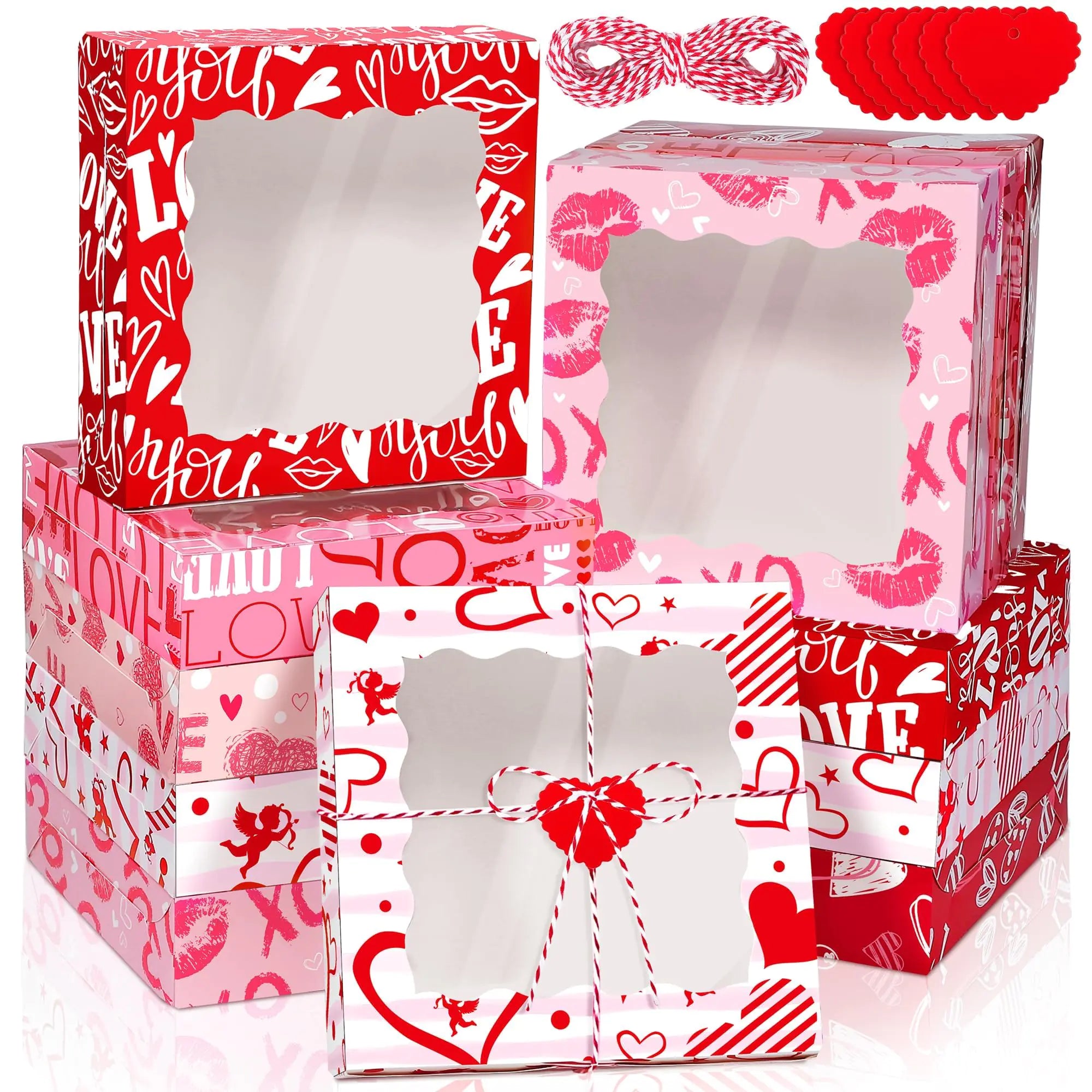 MIMIND 24 Packs Valentines Day Cookie Boxes 10 x 10 x 2.5 Inches Heart Bakery Treat Boxes with PVC Window Cupcake Treat Boxes with Heart Cards Valentine Favors for Wedding Cooking Party