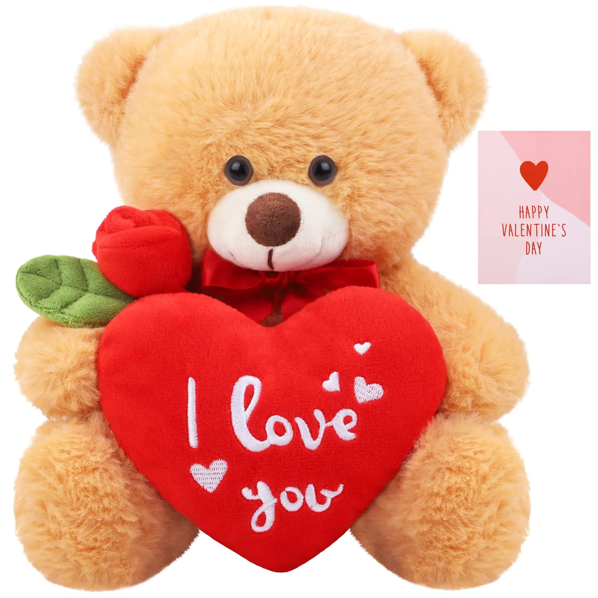 Fovths 10 Inch Plush Stuffed Teddy Bear with Red Heart and Rose for Valentines Day I Love You Teddy Bear for Girlfriend Boyfriend Soft Plush Bear Doll for Valentine Birthday Gift and Decor Brown