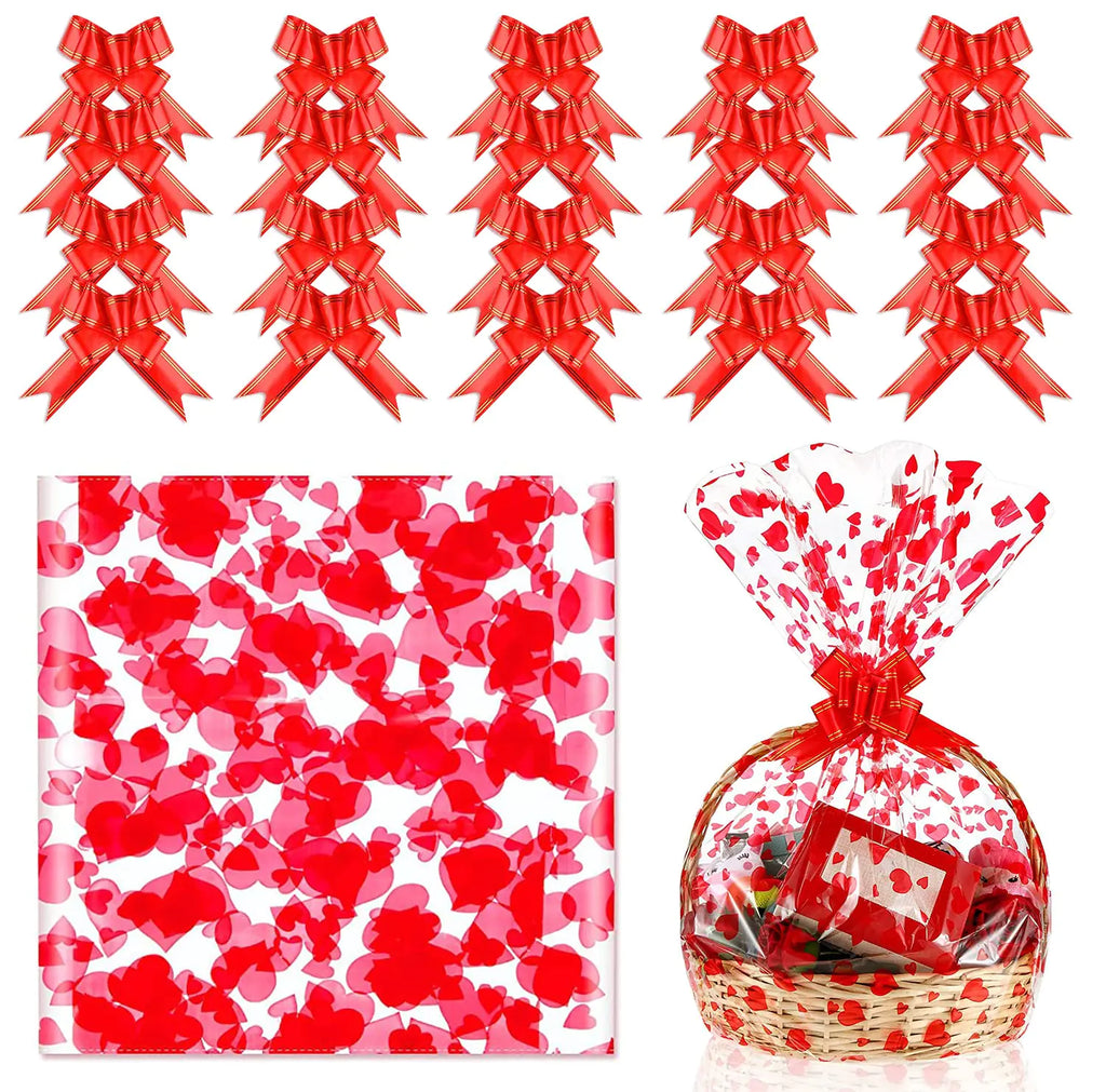20 Pieces Large Valentines Day Clear Basket Bags with 20 Pieces Bows Ribbon 23 x 35 Inches Valentine Cellophane Bags Heart Cellophane Pull Bow Wrap for Baskets Weddings Bridal or Baby Showers