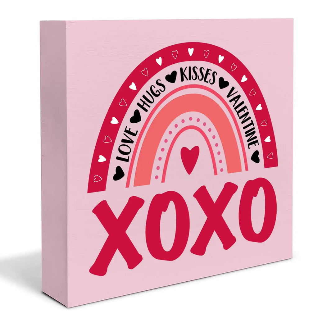 Pink Valentines Decor Romantic Love Hugs Kisses Valentine Wooden Sign Valentines Wood Block Sign Desk Decorations Rustic for Home Bedroom Table Shelf 5 X 5 Inch