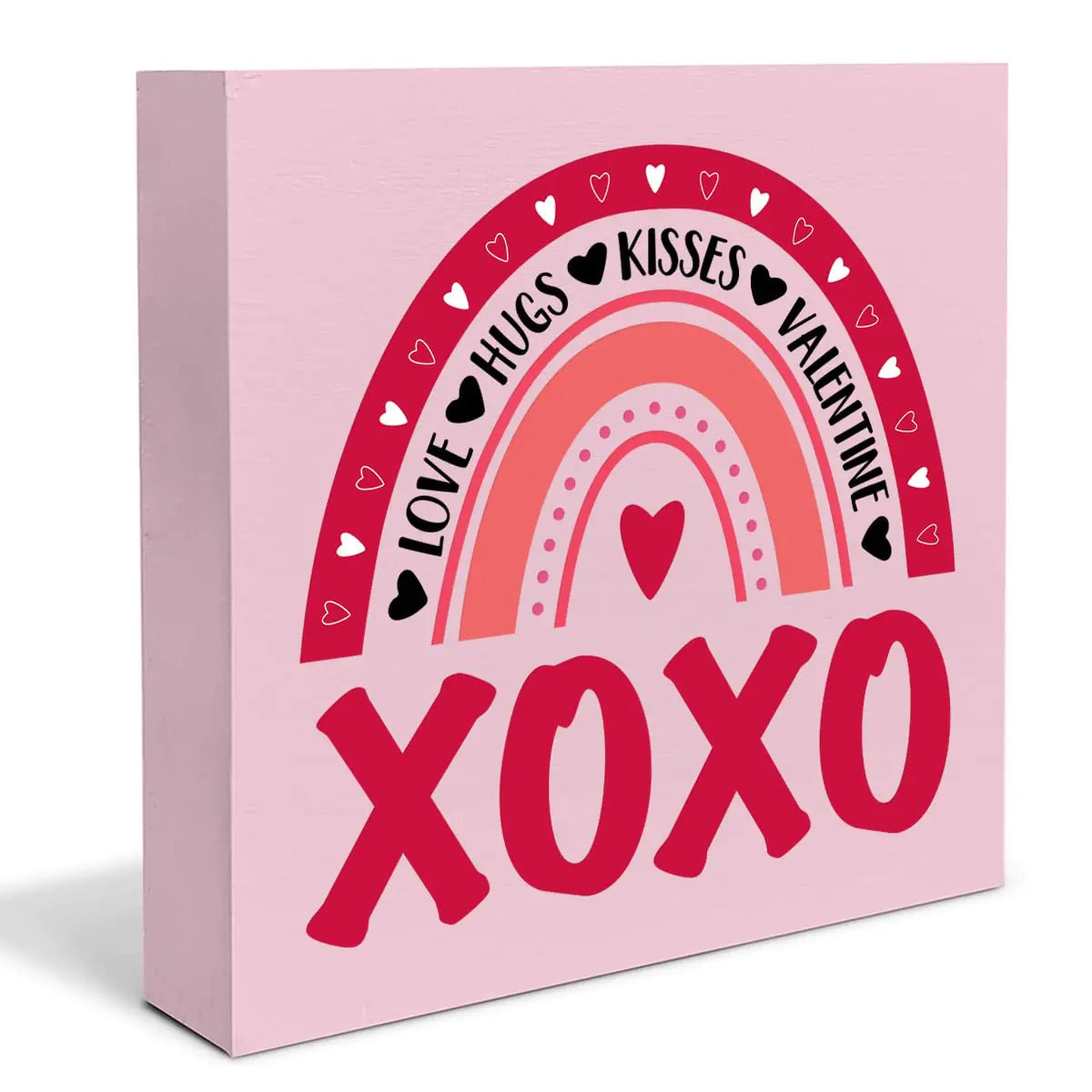 Pink Valentines Decor Romantic Love Hugs Kisses Valentine Wooden Sign Valentines Wood Block Sign Desk Decorations Rustic for Home Bedroom Table Shelf 5 X 5 Inch