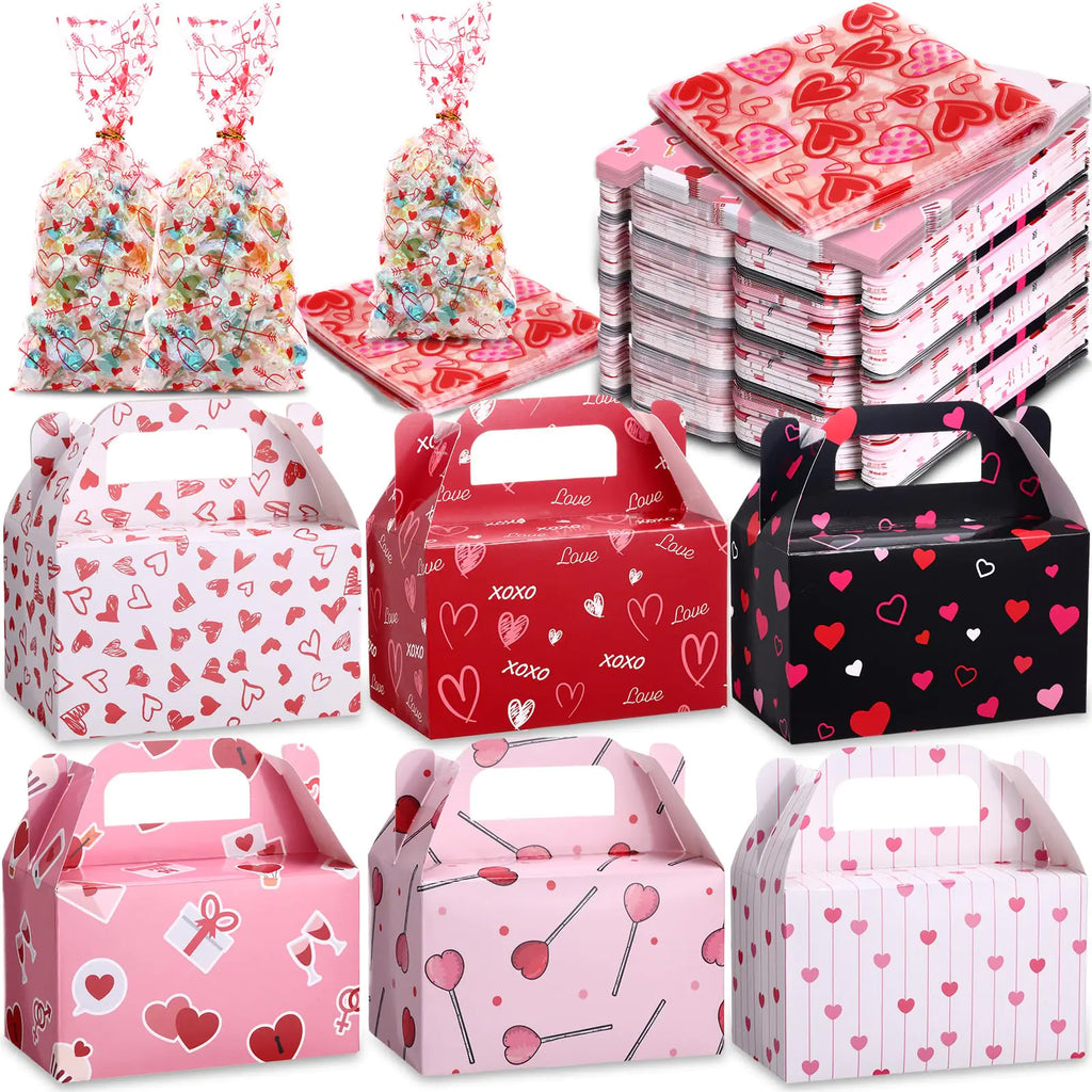 ReliThick 80 Pack Valentines Day Treat Box with Valentines Cellophane Treat Bags Heart Valentines Day Boxes Valentines Goodie Bags Valentine Cookie Candy Boxes for Treats Valentine Gift Bag for Party