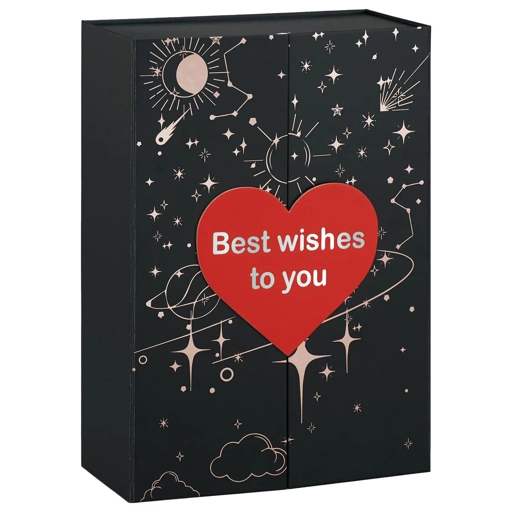 FairyHaus Gift Box with Lid for Presents Magnetic Birthday Wedding Valentine Gift Box with Shinny Print and Heart Decor Classic Black Gift Box for Women and Man Large 1Pack
