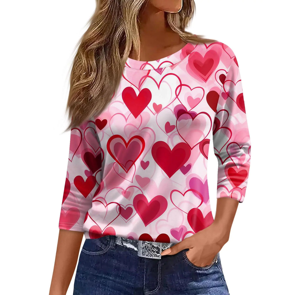 LAYHTKTL Women Valentine Shirt 3/4 Sleeve Crewneck Heart Print Ladies Valentines Tops Oversized Womens Blouse Spring Valentines Day Outfit Red 3X-Large