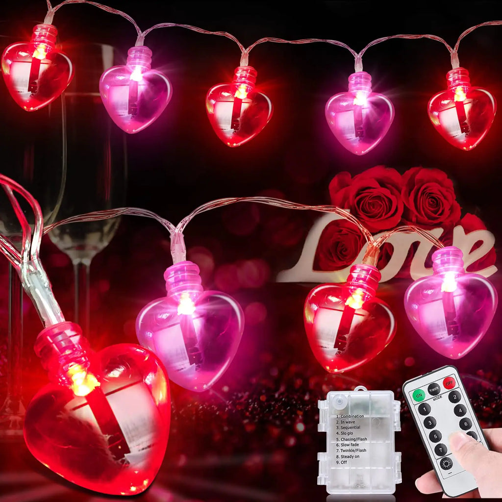 Remote Control & 8 Modes - Valentines Day Decorations Heart Garland Lights with Timer 8.2 Ft 20 LED Red Pink Heart String Lights Battery Operated Valentine Lights Decor Home Indoor Outdoor Wedding