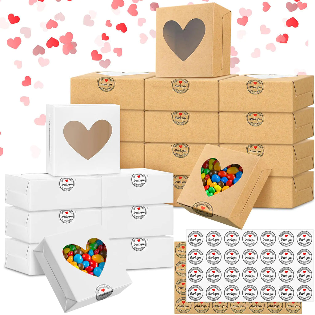 Sinmoe 50 Pcs Valentine Party Favors Gift Boxes Heart Shaped Candy Boxes with Window Bulk Valentines Day Bakery Treats Boxes Kraft White and Brown Packaging Boxes with Stickers for Wedding