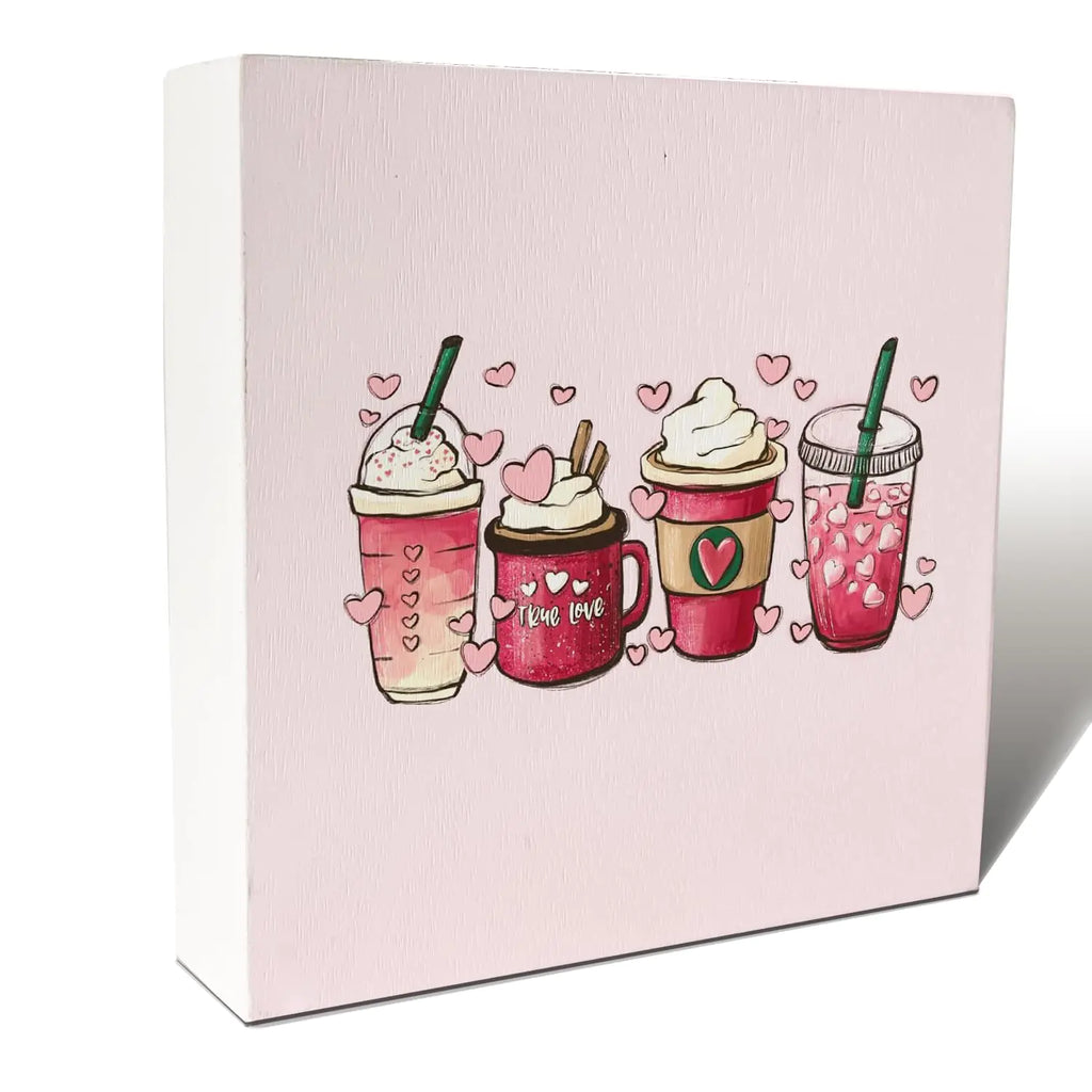 URNNLDOA Coffee Bar Signs Pink Coffee Drinks Wooden Box Sign Desk Decor Valentines Day Gifts Valentines Day Decorations Valentines Wood Block Signs for Home Desk Shelf Table Decor 5x5in