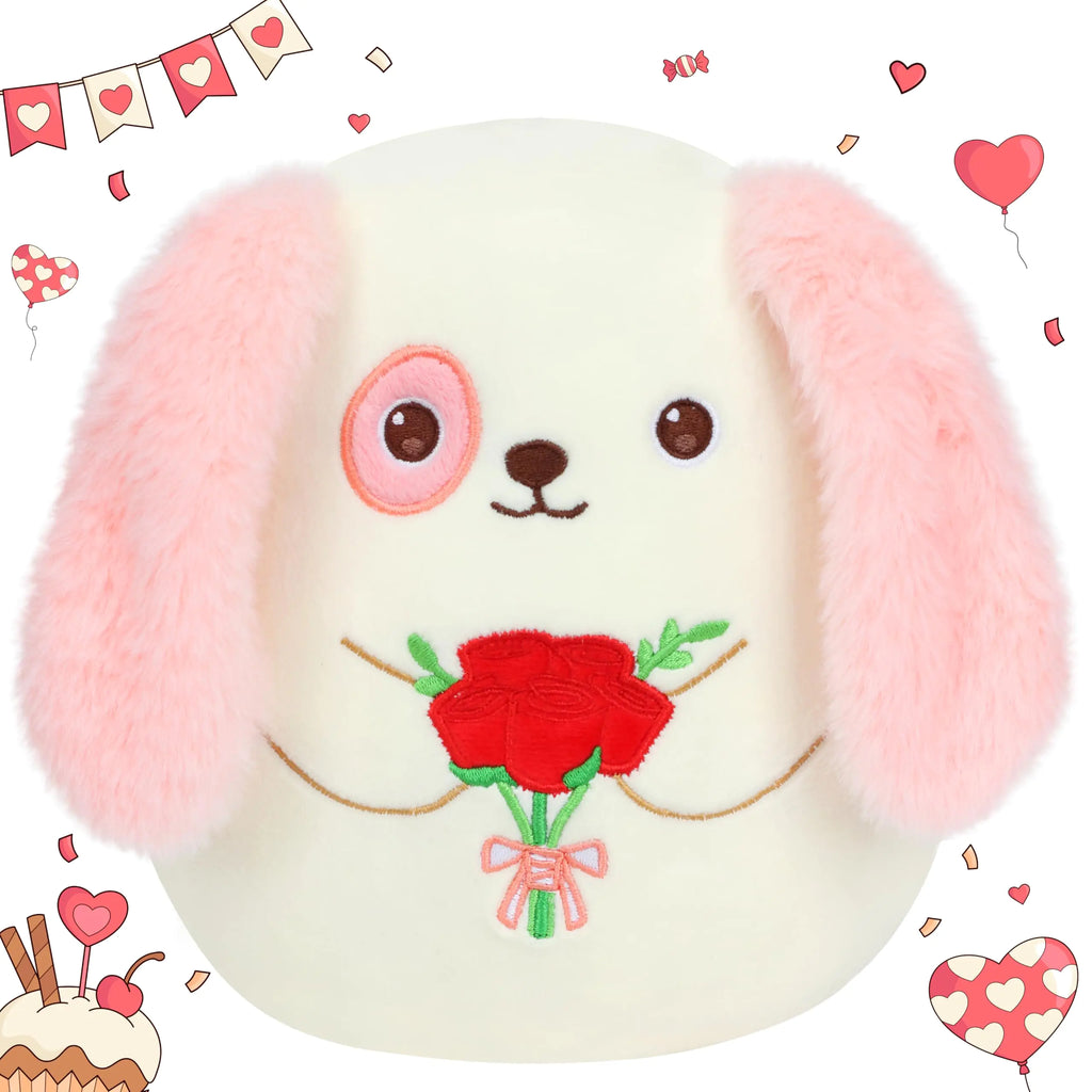 Easfan Valentines Day Stuffed Puppy Plush Pillow Floppy Ears Soft Toy with Rose Gifts for Valentines Day Wedding Anniversary