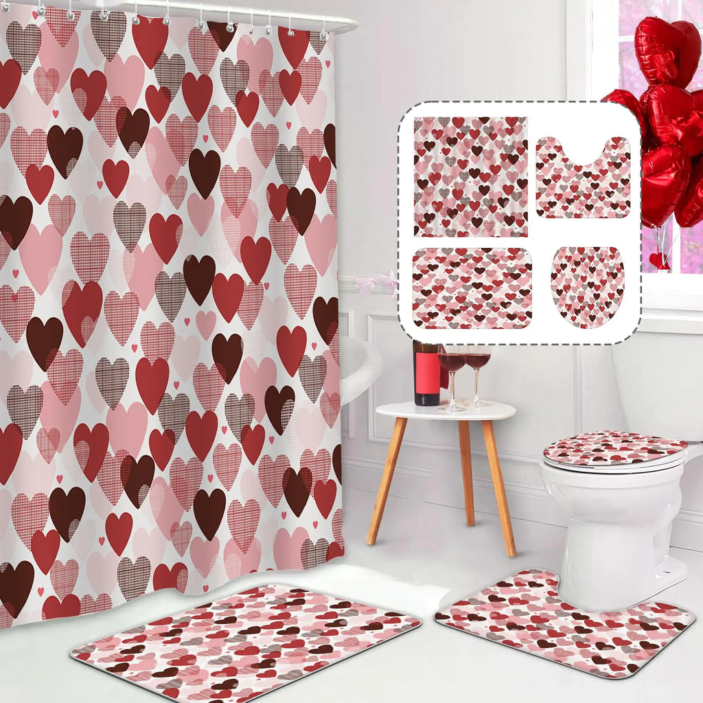 MEHOFOND 4pcs Valentines Shower Curtain Set Red Pink Hearts Shower Curtain Sets for Valentines Day Bathroom Decor Sweetheart Bathroom Curtains with Non-Slip Rugs Toilet Lid Cover and Bath Mat