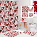 MEHOFOND 4pcs Valentines Shower Curtain Set Red Pink Hearts Shower Curtain Sets for Valentines Day Bathroom Decor Sweetheart Bathroom Curtains with Non-Slip Rugs Toilet Lid Cover and Bath Mat