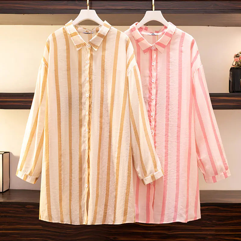 Women's Long Sleeve Cotton Hemp Striped Sunscreen Shirt
