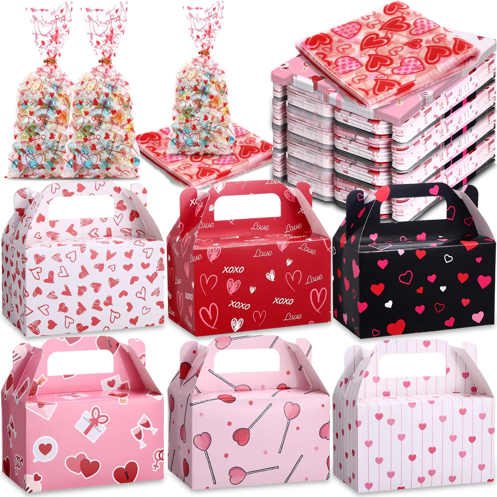 ReliThick 80 Pack Valentines Day Treat Box with Valentines Cellophane Treat Bags Heart Valentines Day Boxes Valentines Goodie Bags Valentine Cookie Candy Boxes for Treats Valentine Gift Bag for Party