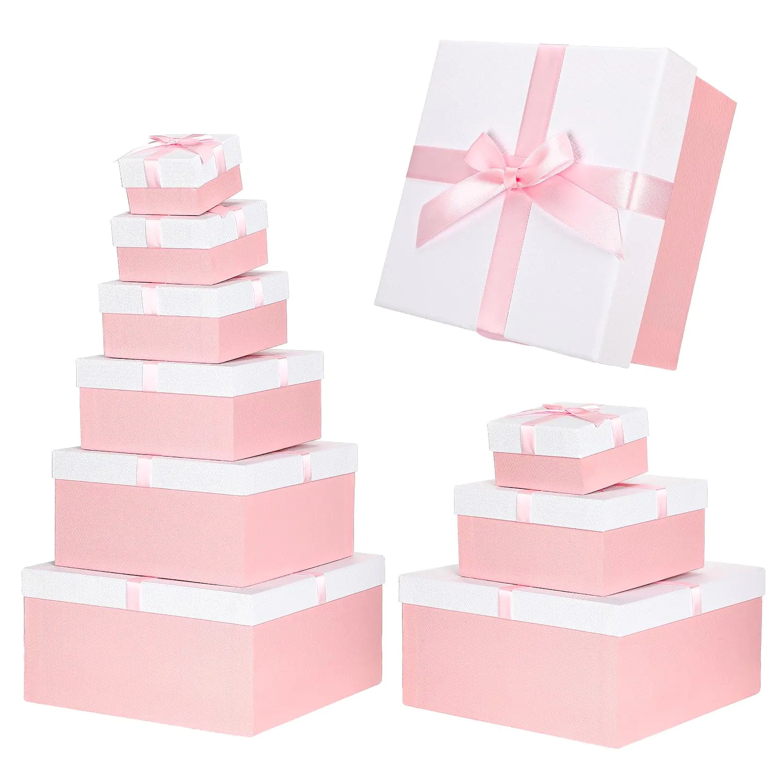 Chivertion 6 Pack Large Valentine Nesting Gift Boxes with Lid Ribbon 6 Size Square Gift Wrapping Stacking Boxes for Birthday Wedding Valentines Day Bridal Baby Shower Party Decorative Boxes(Pink)