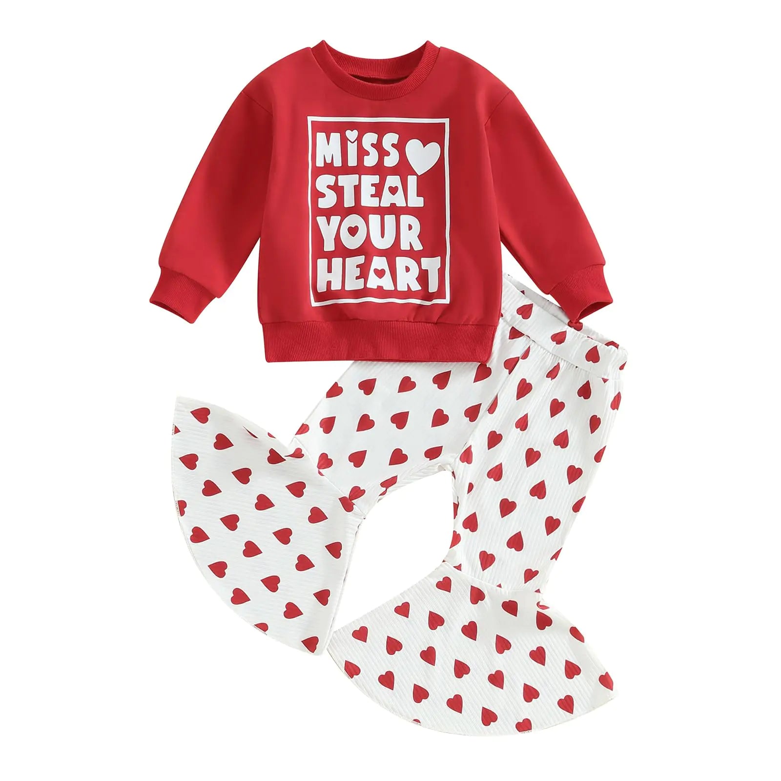 Toddler Baby Girl Valentines Outfit Daddy s Valentine Crewneck Sweatshirt Shirts Flare Pant Valentines Clothes (Red - Miss. Steal Your Heart 6-12 Months)