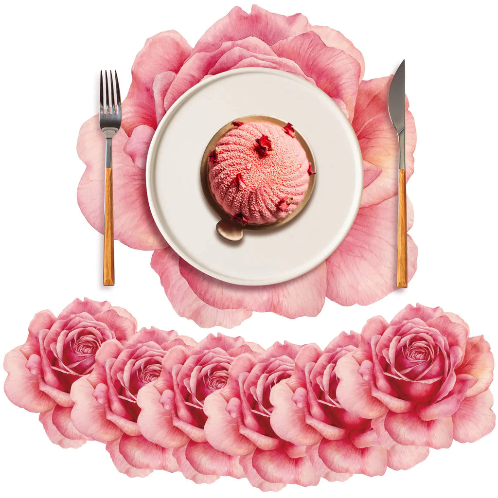 100 Pack Disposable Rose Flower Shaped Paper Place Mats 13 Inch Pink Floral Charger Place Mat Disposable Placemat Valentine Mothers Day Summer Spring Flowers BBQ Dinner Table Placemats (Rose Flower)