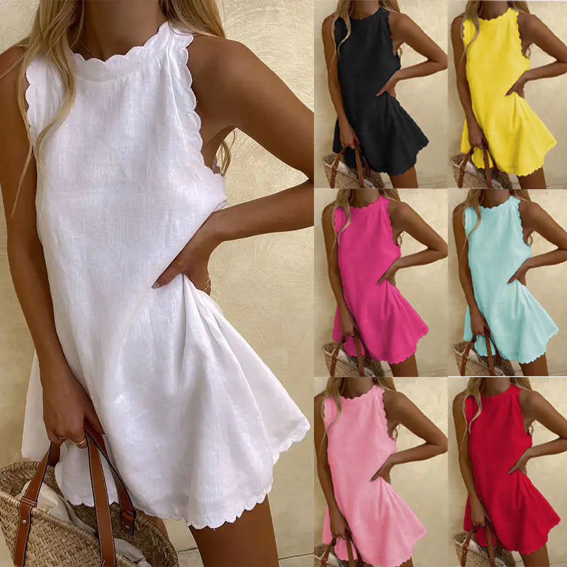 Embroidered Ruffled Women's Cotton Hemp Dress