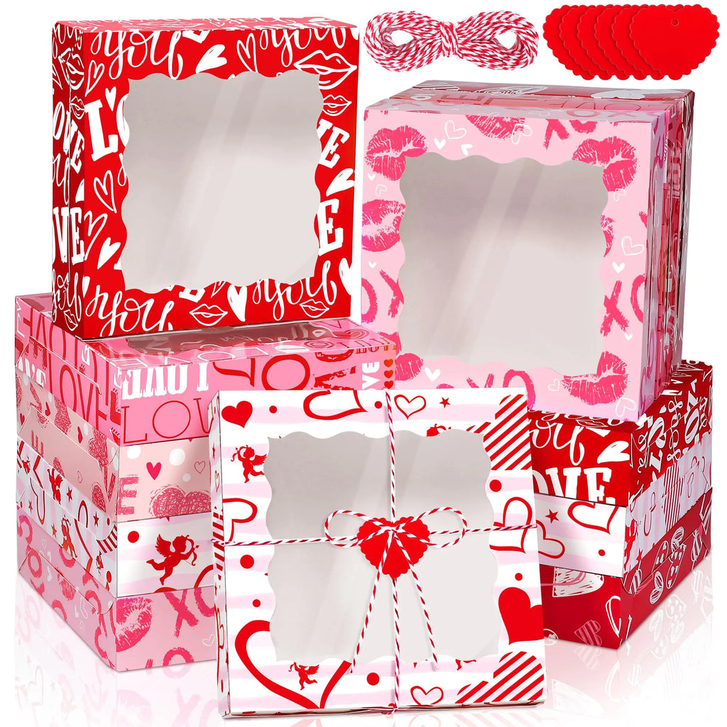MIMIND 24 Packs Valentines Day Cookie Boxes 10 x 10 x 2.5 Inches Heart Bakery Treat Boxes with PVC Window Cupcake Treat Boxes with Heart Cards Valentine Favors for Wedding Cooking Party
