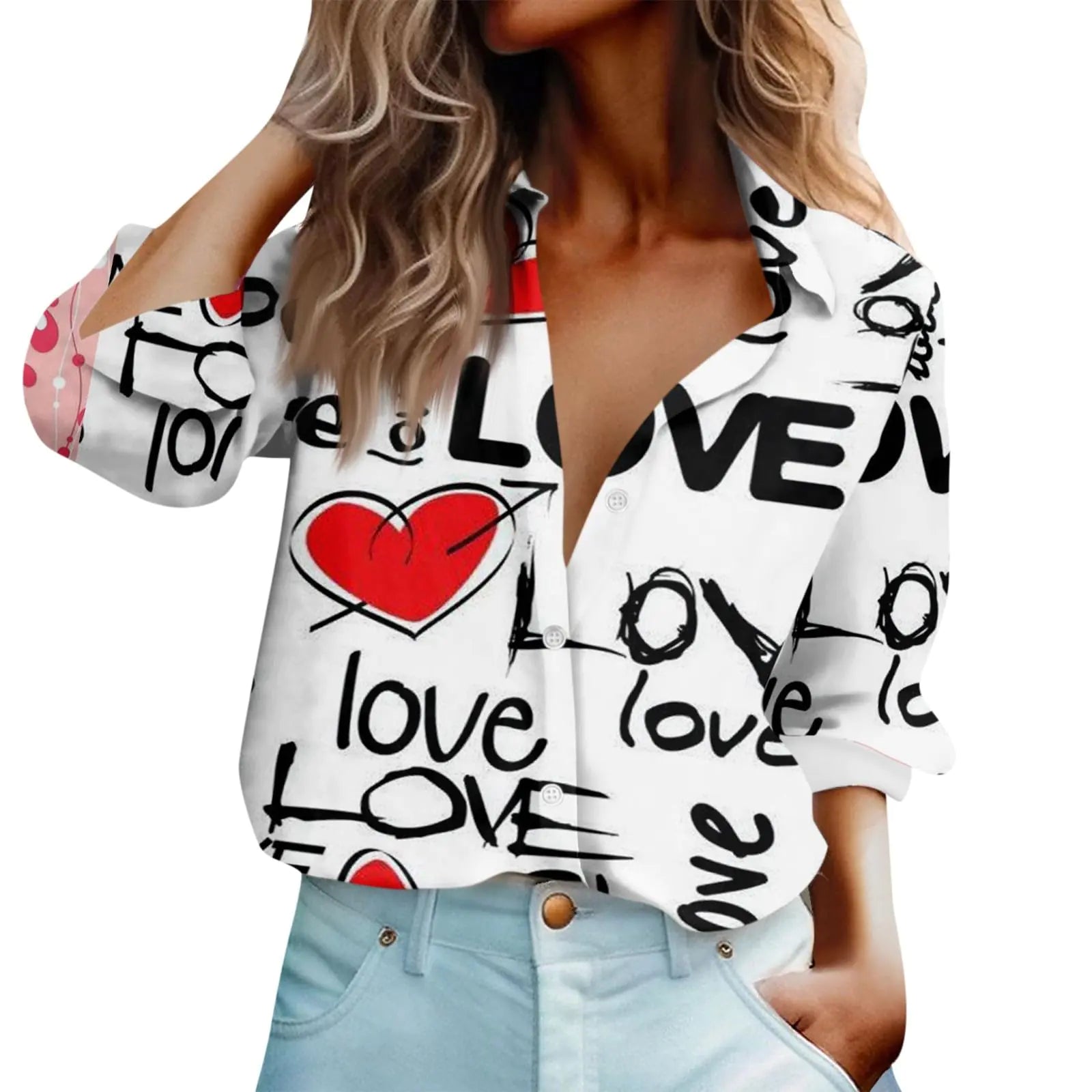White L Womens Button Down Tops Valentines Date Tops for Women Roll Up Sleeve Womens Tops Trendy Lapel Collar Womens T-Shirts Valentines Day Print Fleece Blouse Girls Long Sleeve Shirts