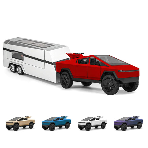 1/32 Tesla cybertruck Toy car 3-in-1 Travel Cybertruck RV Set with Metal Pickup Removable Camper & Off-Road Motorcycle Cyberquad Cool Sound & Light EffectsChristmas Birthday Gift (Red)