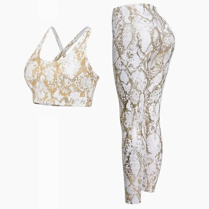 Fitness Sport Bra and Yoga Pants Set Snake Skin Gold Printing