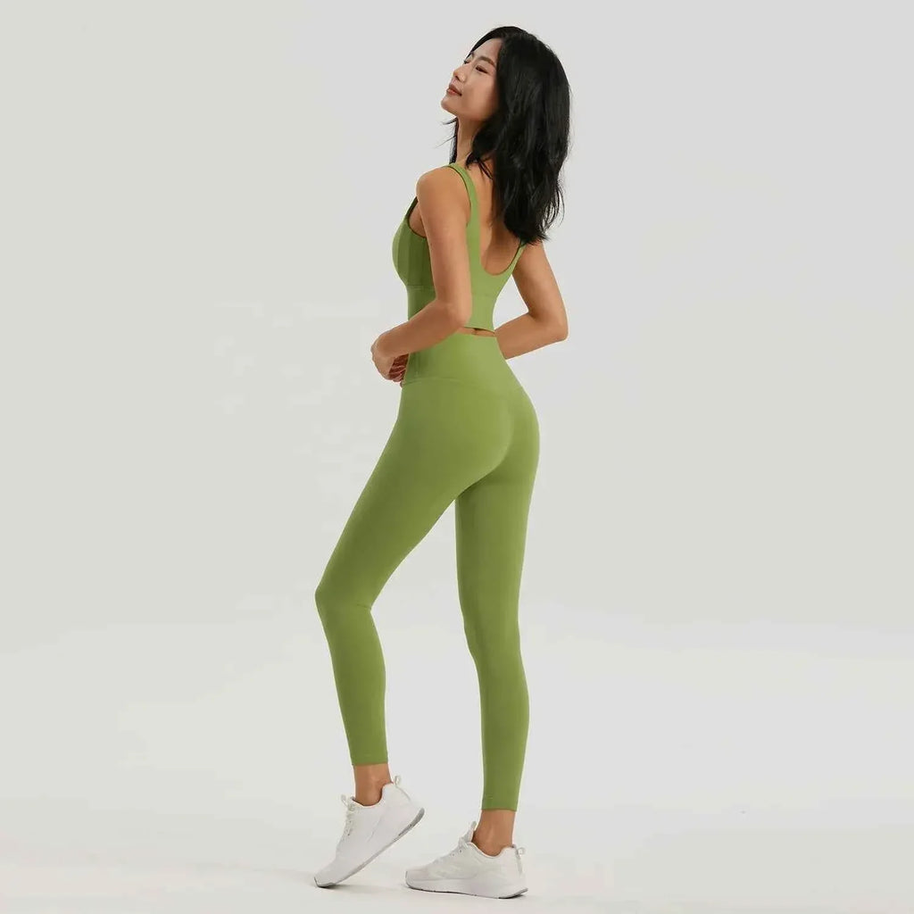Gym Outfit High Waist Yoga Leggings for Women with Phone Pockets & U Back Sports Bra Set