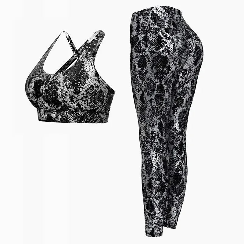 Fitness Sport Bra and Yoga Pants Set Snake Skin Gold Printing