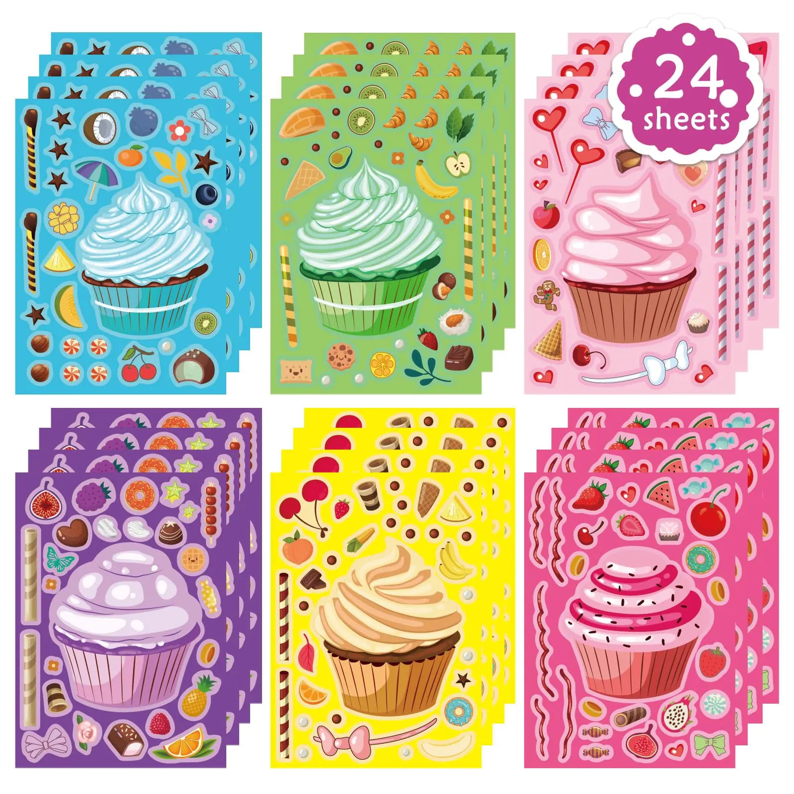 24 PCS 5.9”x 8.26" Make Your Own Cupcake Stickers Make-a-face Sticker Sheets Cupcake Stickers for Kids Dessert Stickers Mix and Match Sweets Fruit Birthday Party Favor Supplies Craft