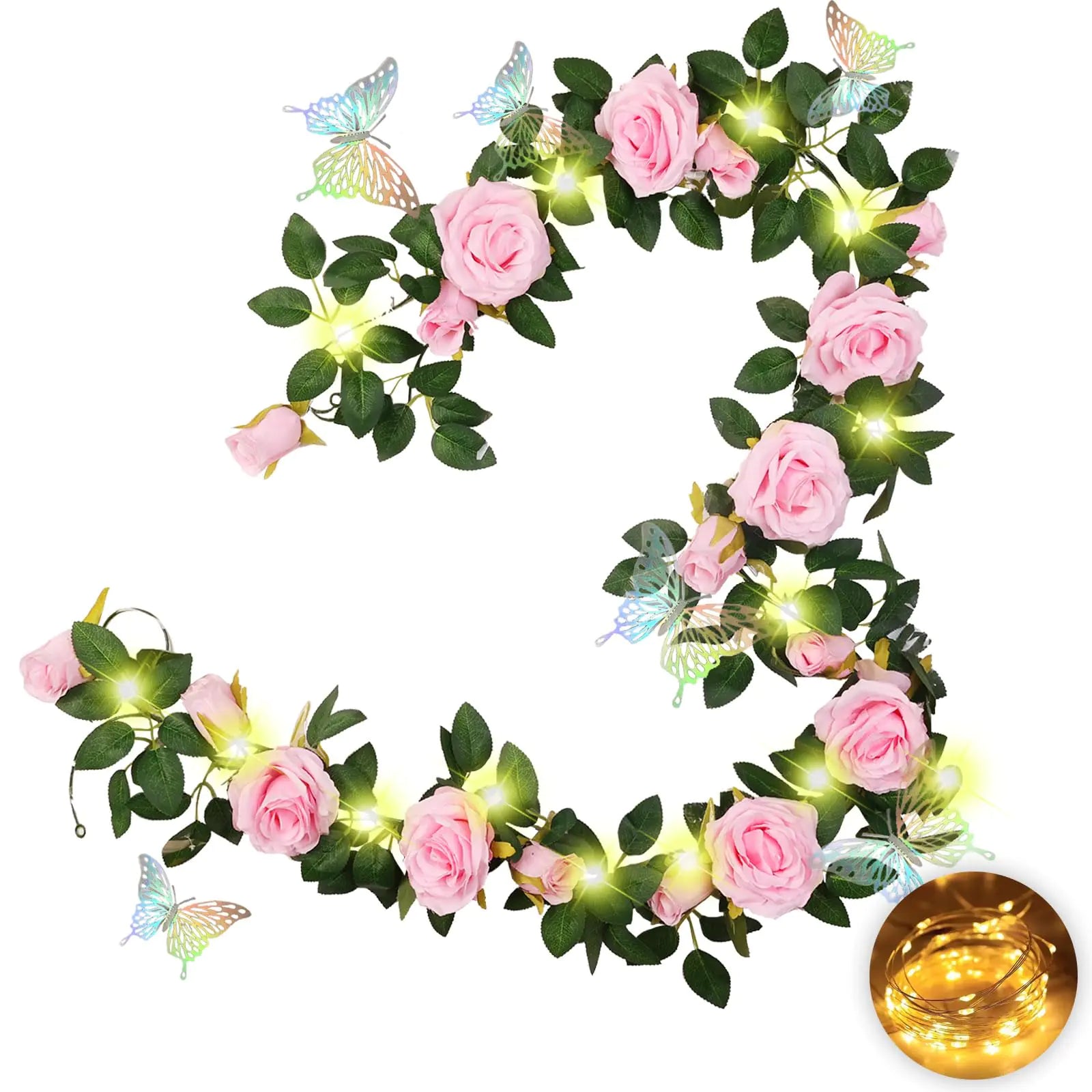 Yebazy 2PCS 13Ft Pink Flower Rose Garland with 2Pcs 10.83Ft Lights and 6Pcs 3D Butterflies Artificial Pink Rose Vines Floral Garland Silk Roses for Bedroom Valentine Wedding Arch Bathroom Wall Decor