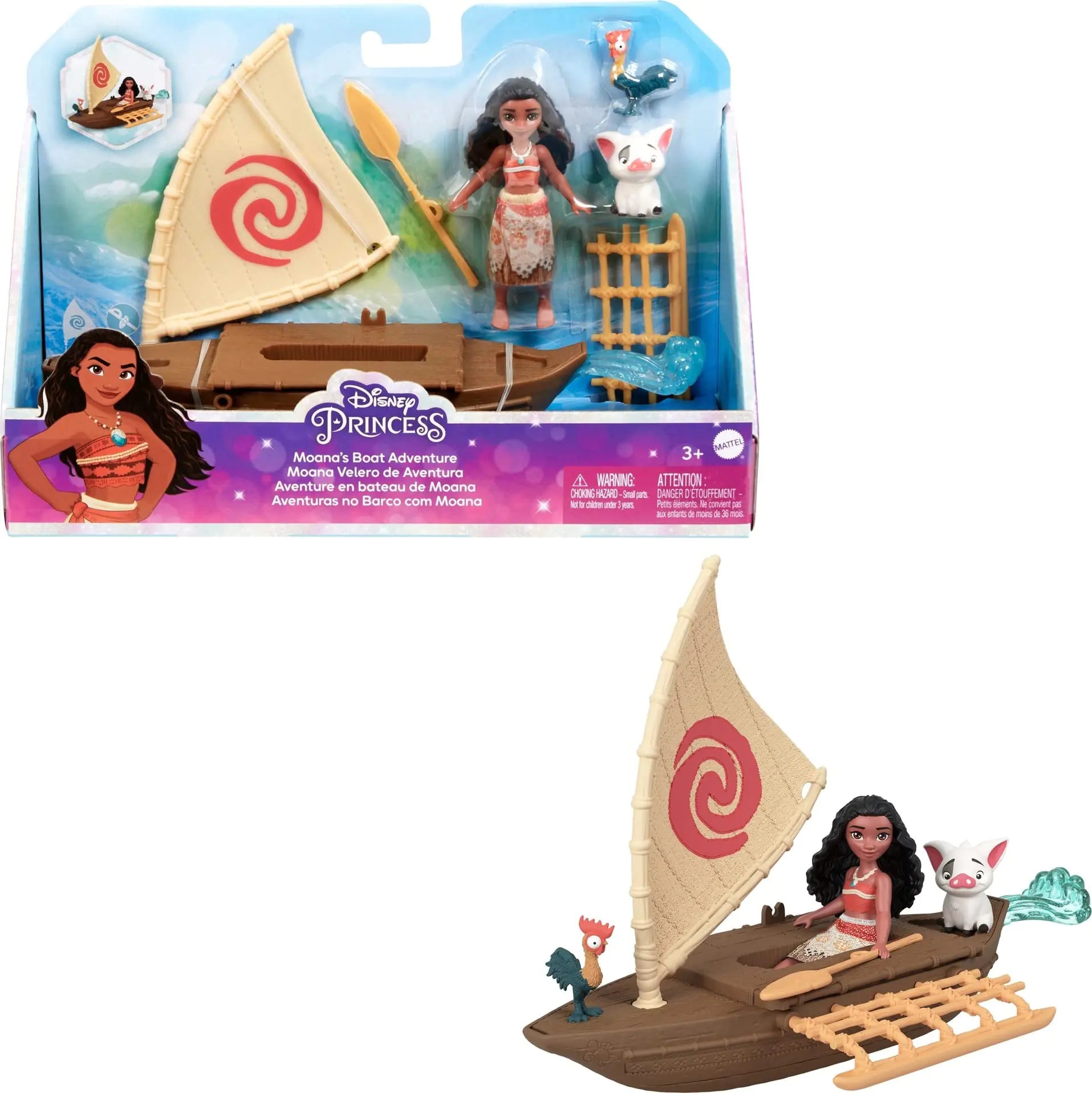 Mattel Disney Princess Toys Moana Small Doll & Floating Boat with 2 Friend Figures Inspired by Disney Movies