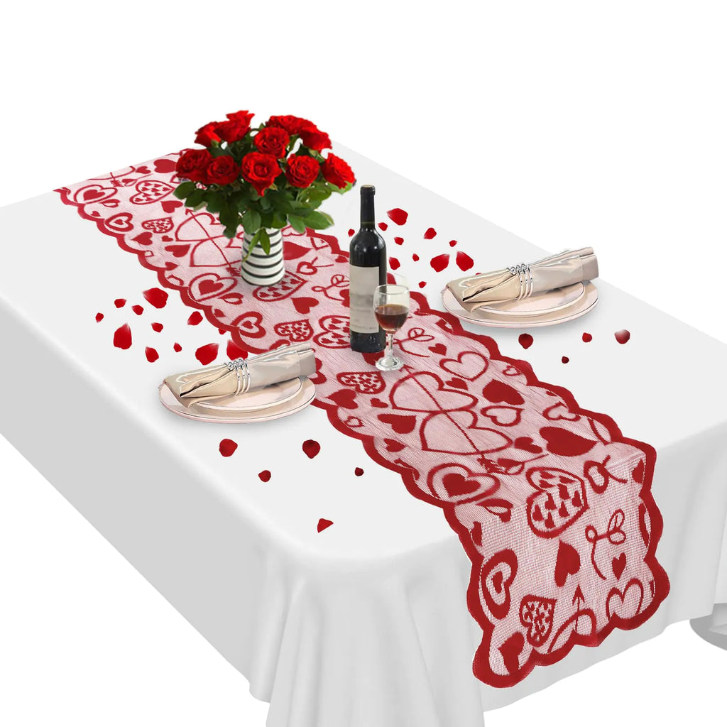 Valentines Table Runner Red Lace Table Runner Valentines Day Decorations Romantic Valentine Lace Heart Table Runner for Wedding Anniversary Party Home Kitchen Dining Table Decoration 13 x 72 Inch