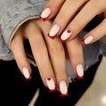 Red French Tip Press on Nails Short Square Fake Nails Glossy White Valentine’s Day Glue on Nails with Red 3D Heart Designs Cute False Nail Tips Valentine Stick on Nails for Women Manicure DIY 24Pcs