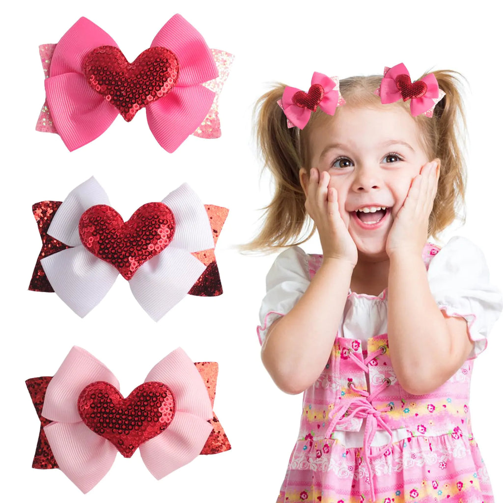 3Pcs Valentines Day Hair Bows Clips Red Pink Glitter Sequins Bows Hair Pins Love Heart Design Alligator Clips for Valentines Day Birthday Holiday Sweet Hair Accessories for Girls Toddler Kids