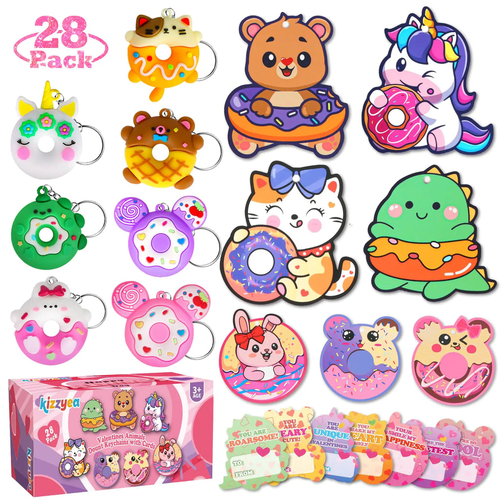 KIZZYEA 28 Packs Valentines Day Cards for Kids School with Animal Donut Keychains Valentines Day Gifts for Kids Valentines Classroom Exchange Prizes for Boys Girls Ideal Valentines Party Favors