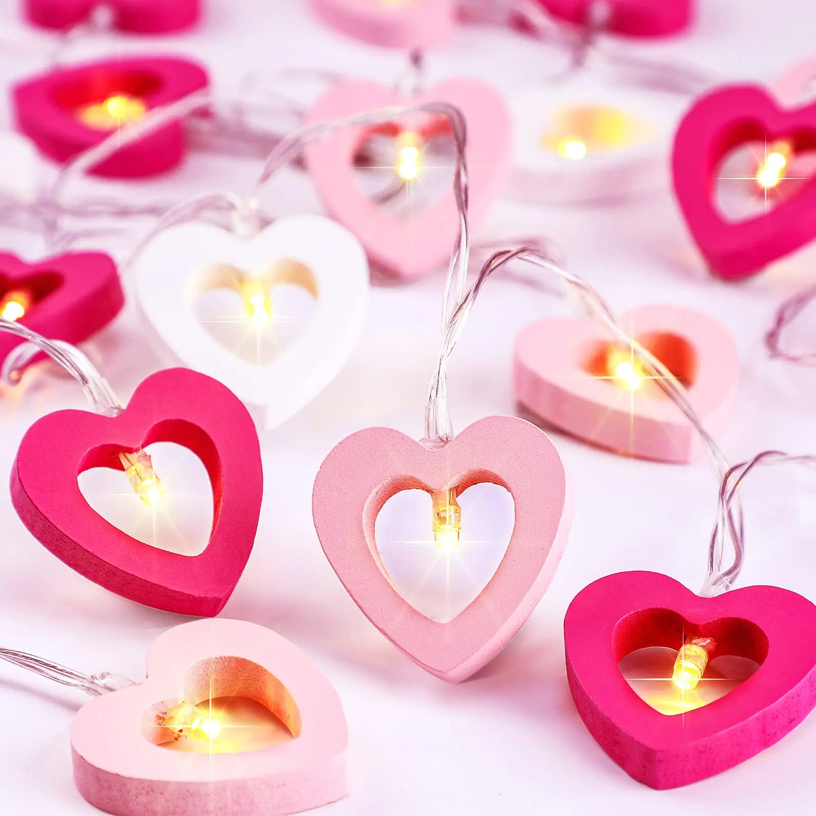 Mudder Valentines Day Fairy String Lights 10 Ft 20 LED Wooden Heart String Lights Red Pink Valentines Decor String Lights for Valentine Wedding Garden Bedroom Party Decoration(White Pink Peach)