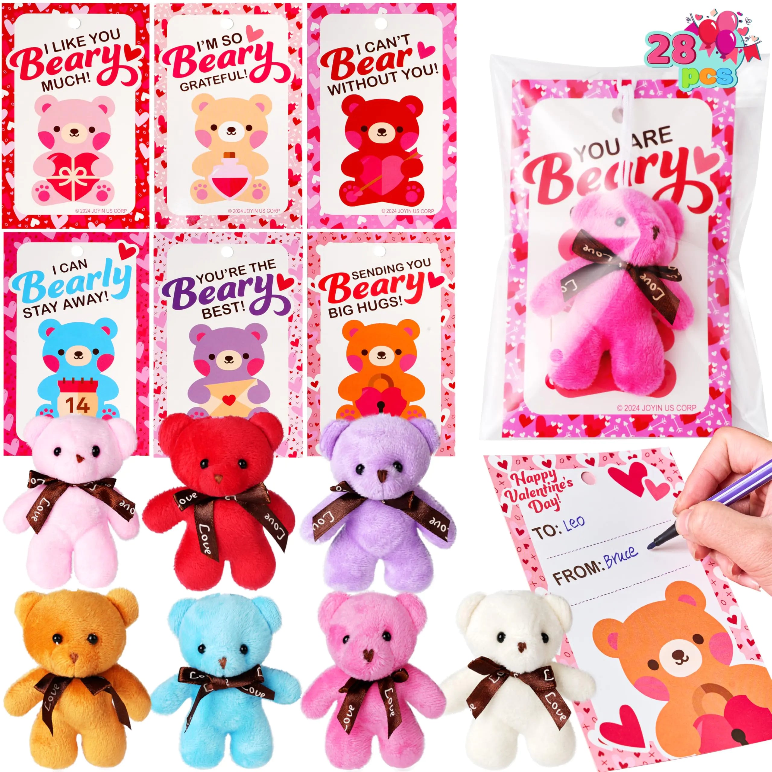 JOYIN 28 Pack Valentines Day Mini Plush Animals Toys with Gift Cards Mini Animals Keychains for Valentines Party Favor School Exchange Prize and Valentines Classroom Gift Exchange
