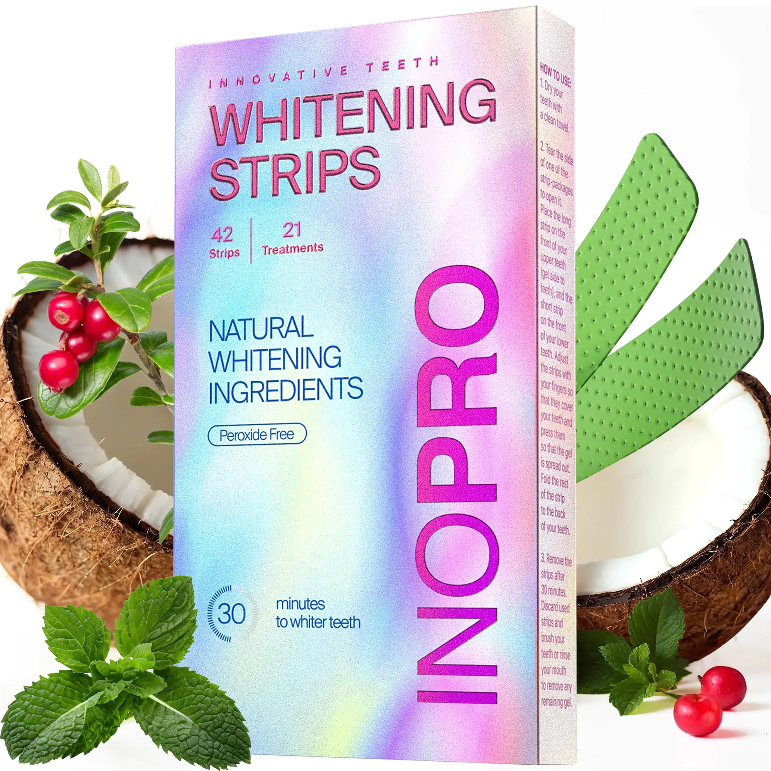 InoPro Teeth Whitening Strips 21 Treatments Kit - Teeth Whitener Peroxide Free Enamel Safe Green White Strips Deep Stains Removal - Instant Teeth Whitening Without The Harm (42 Strips)