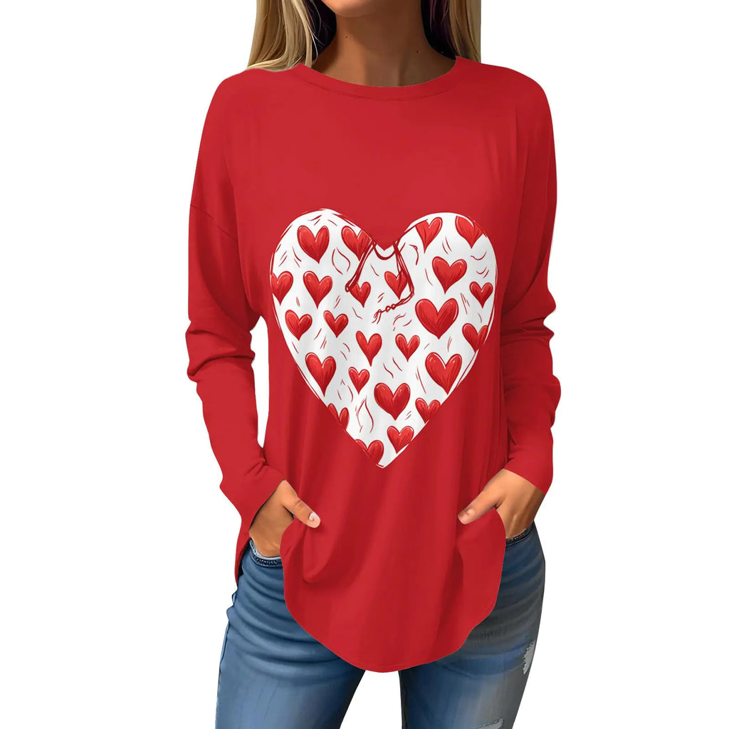 Heart Shirt Valentines Day Gifts for Him Womens Workout Tops Valentines Day Shirt Women Fashion Womens Casual Long Sleeved Round Neck Printed Tops Green Tops for Women (6-RedXXL)