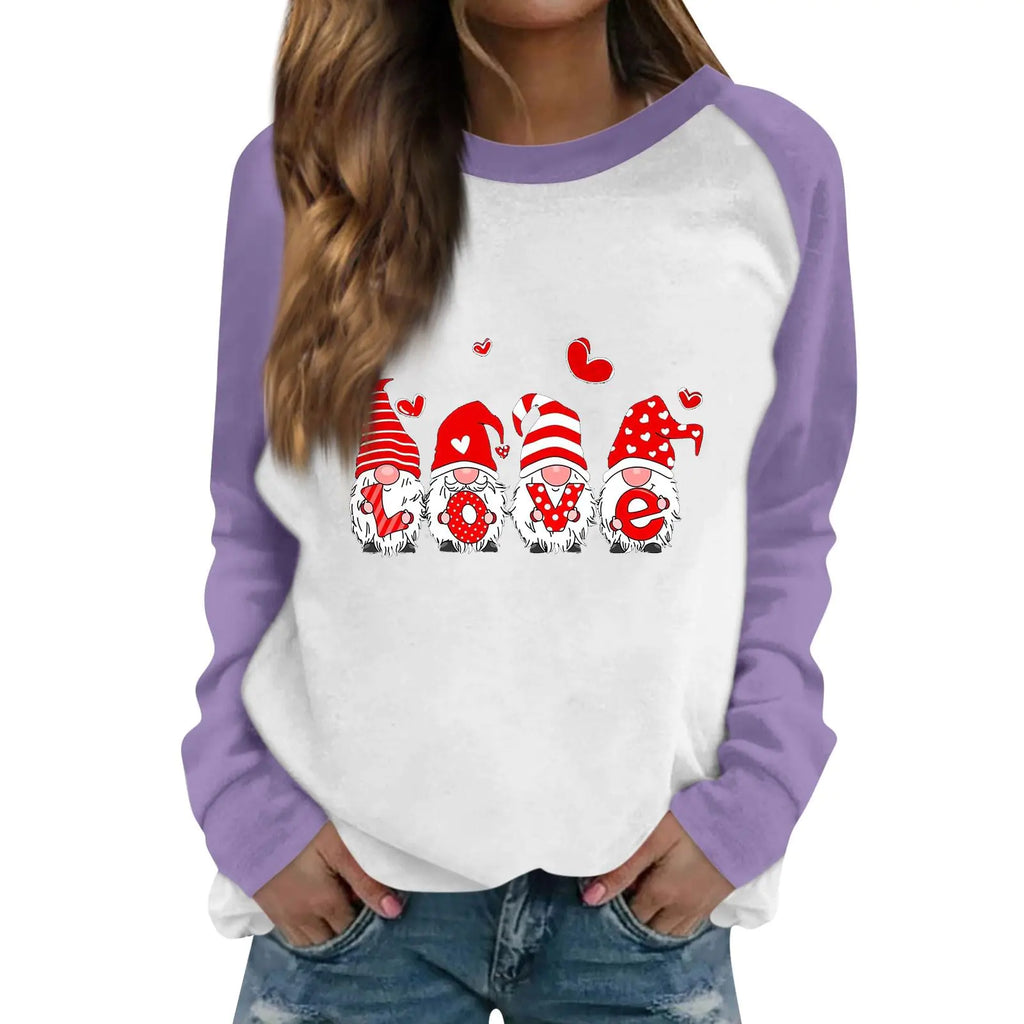 Valentines Day Sweatshirt Women Plus Size Pullover Love Gnome Print Valentine Tshirts Shirts For Women Long Sleeve Ladies Valentines Tops Crewneck Raglan Sleeve Winter Clothes Purple S