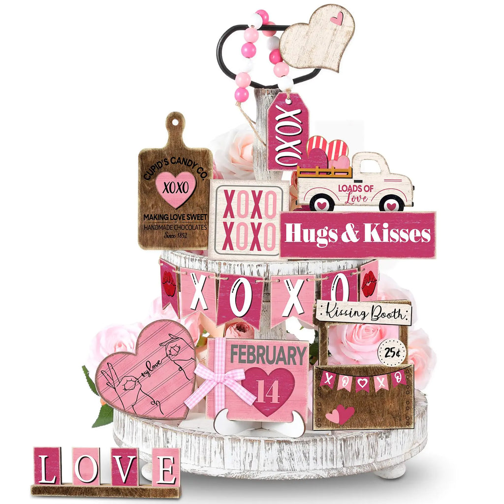 Marsui 19 Pcs Valentines Day Tiered Tray Decor Set Valentines Heart Wood Sign Rustic Farmhouse Tray Signs Table Decor for Valentines Day Home Kitchen (Pink Style)